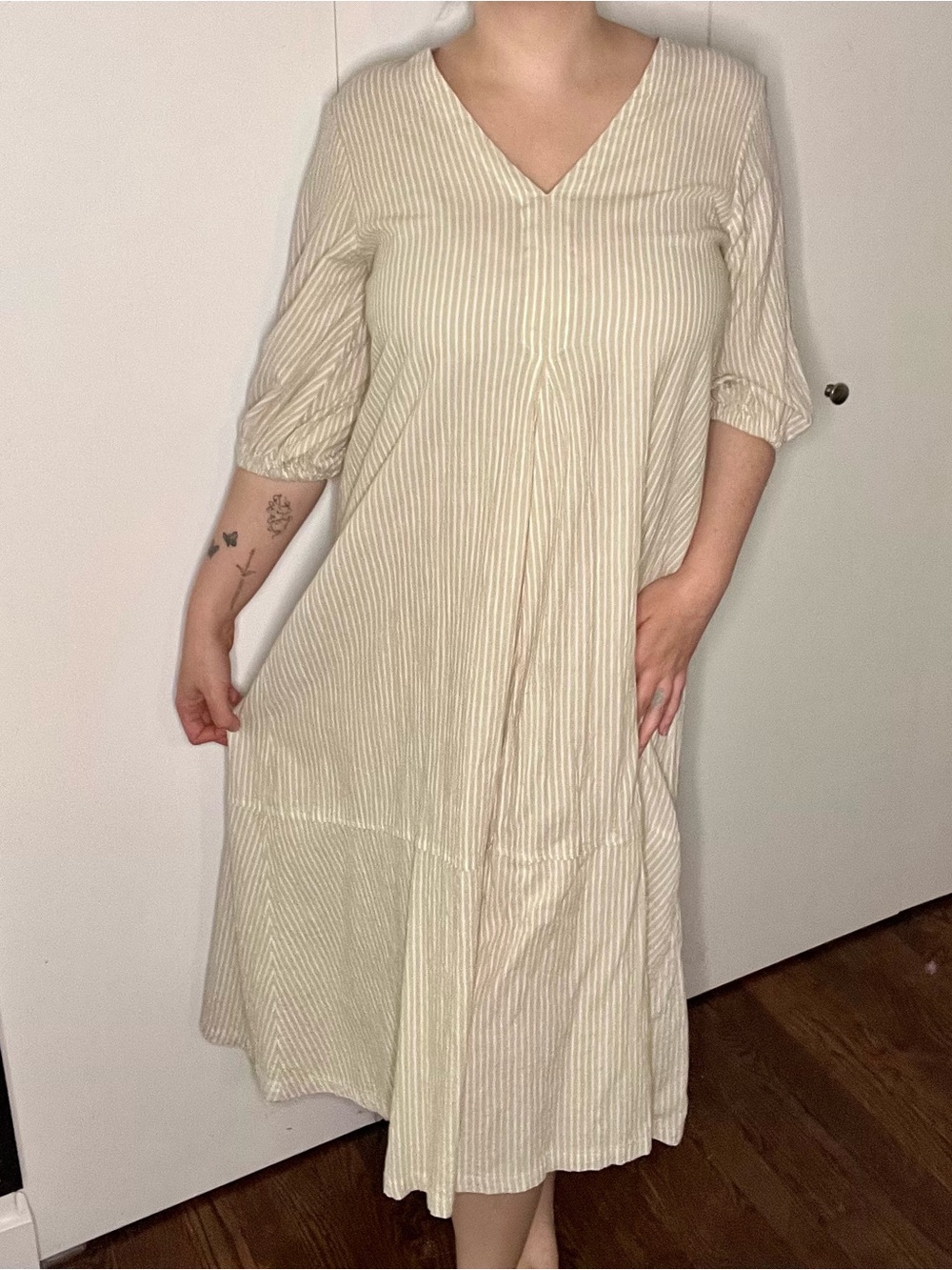 H&M White and Cream Striped V-Neck Midi Dress